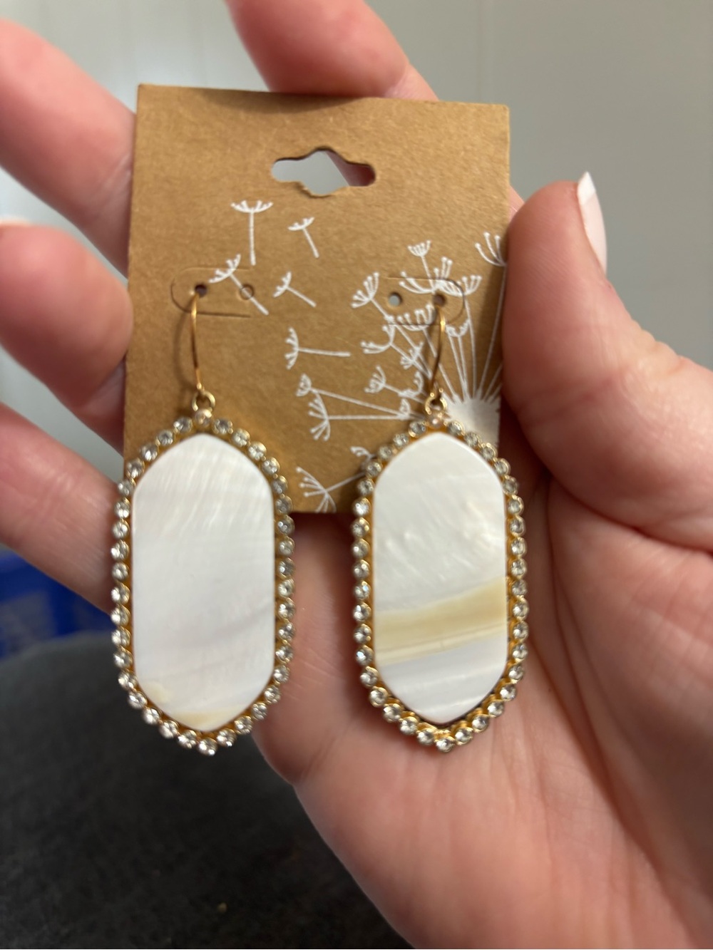 Cracker Barrel Gold-Tone White Mother-of-Pearl Drop Earrings with Crystal Halo